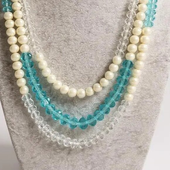 Three Layers Blue & Clear Crystal Glass Bead Cream Faux Pearl Necklace Earring - Picture 2 of 2